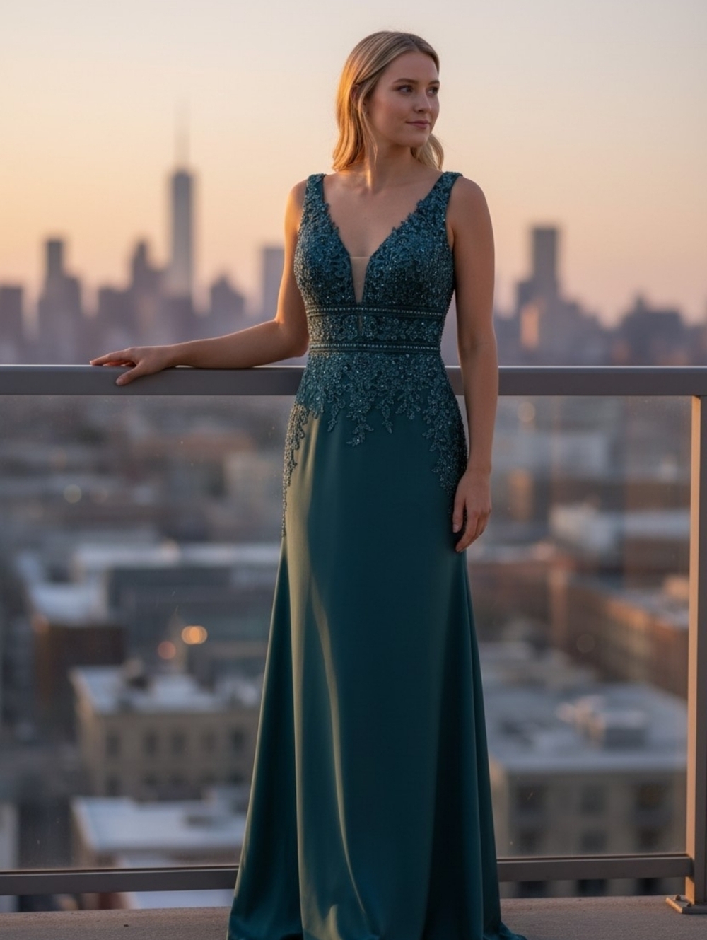 JJs House Teal V-Neck Lace Appliqué Evening Gown